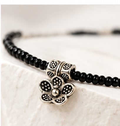 Black Beaded Silver-Tone Charm Anklet