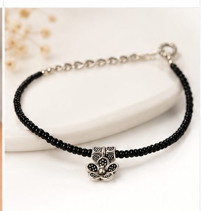 Black Beaded Silver-Tone Charm Anklet
