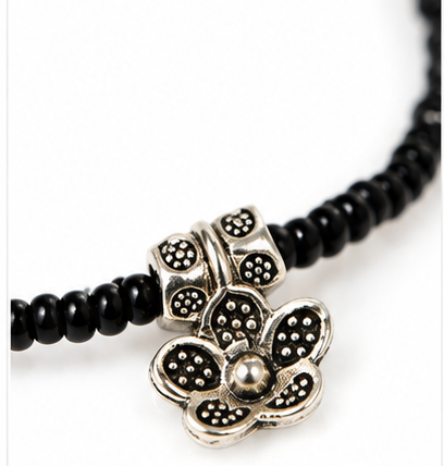 Black Beaded Silver-Tone Charm Anklet