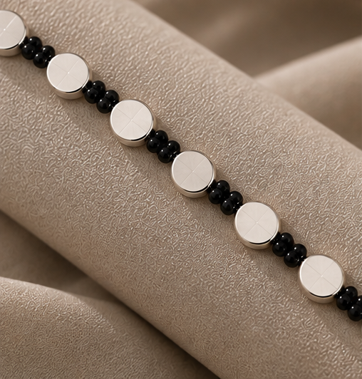 Black Beaded Silver-Tone Disc Anklet