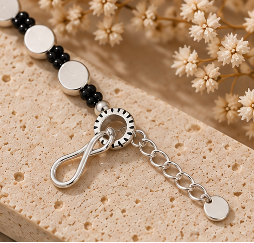 Black Beaded Silver-Tone Disc Anklet