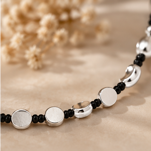 Black Beaded Silver-Tone Disc Anklet