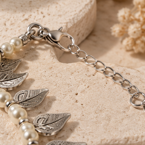 Pearl Leaf Charm Silver-Tone Anklet Pair