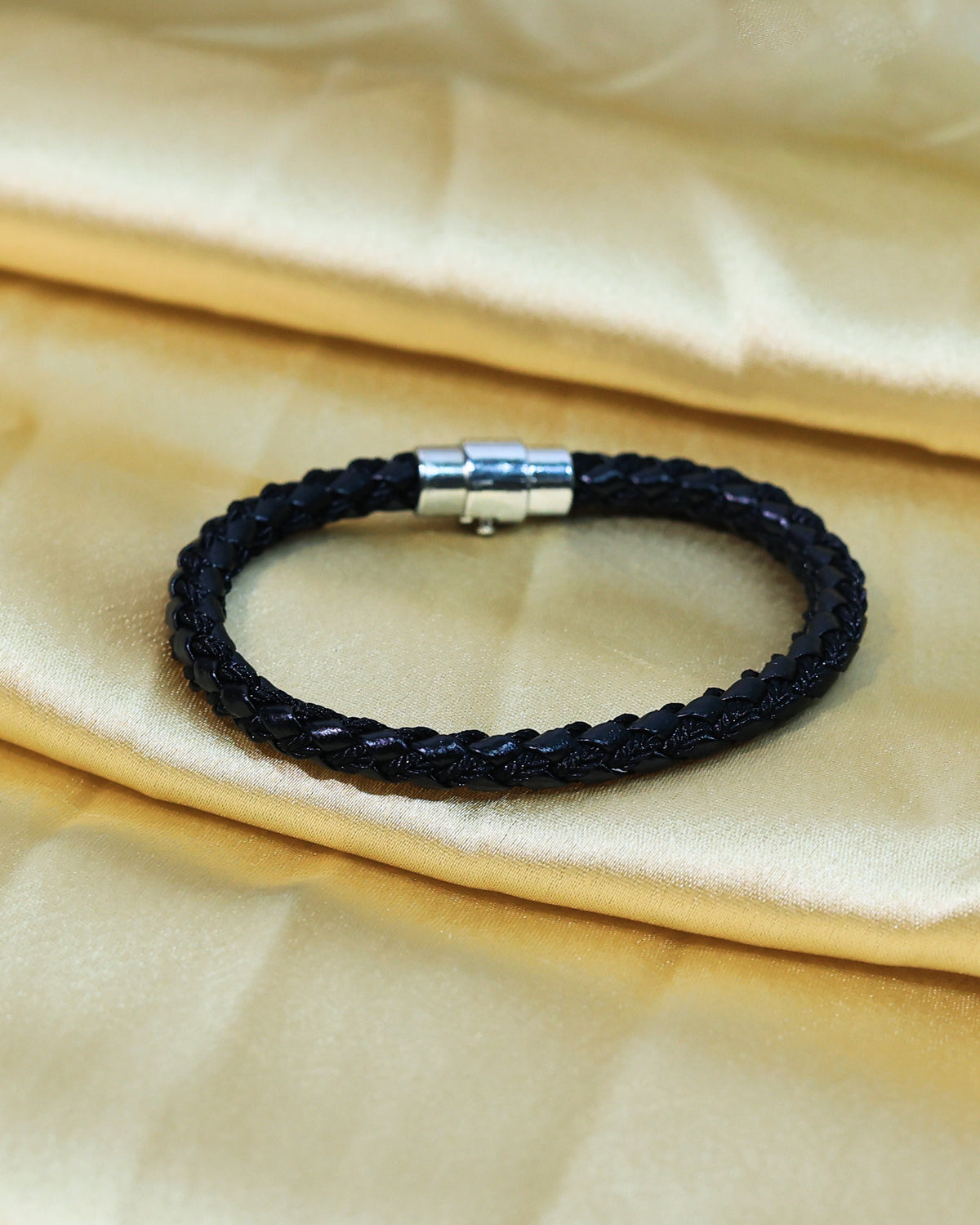 Black Braided Leather Bracelet with Silver Tone Clasp
