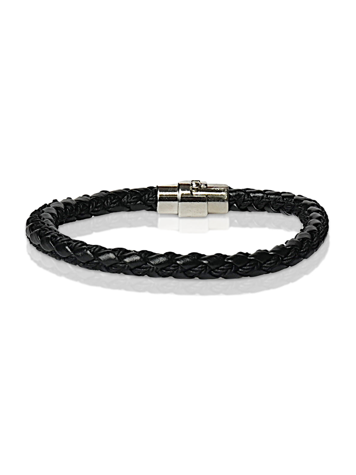 Black Braided Leather Bracelet with Silver Tone Clasp