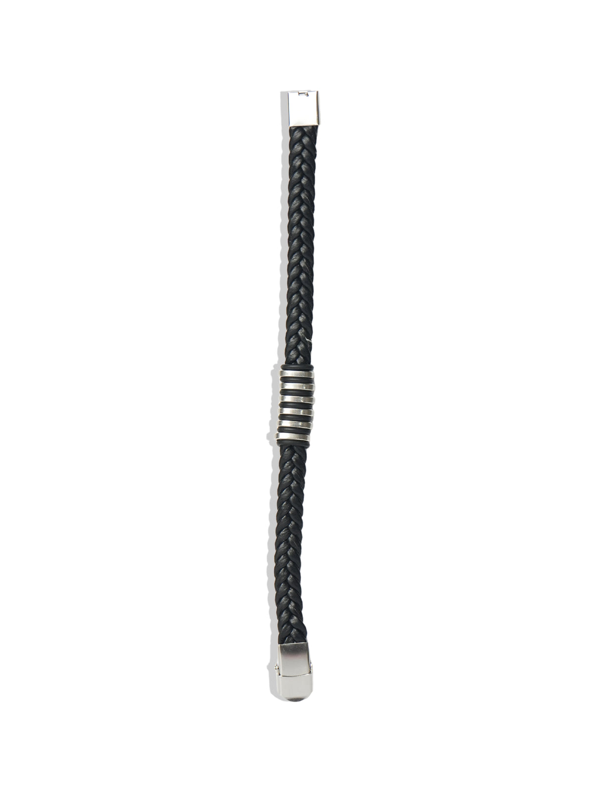 Black Braided Leather Bracelet with Silver Tone Center Detail
