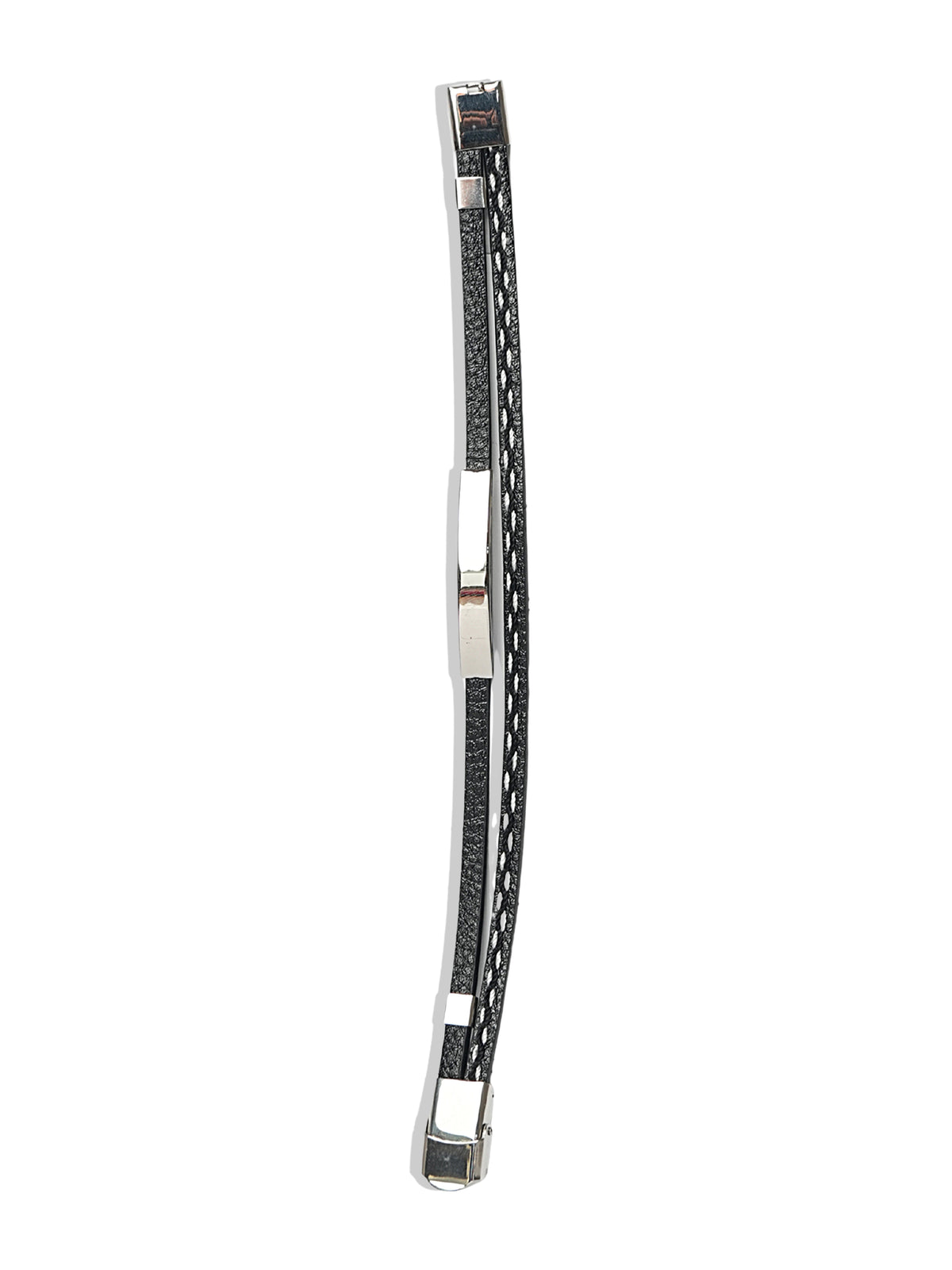 Black Multi-Strand Leather Bracelet with Silver Tone Bars