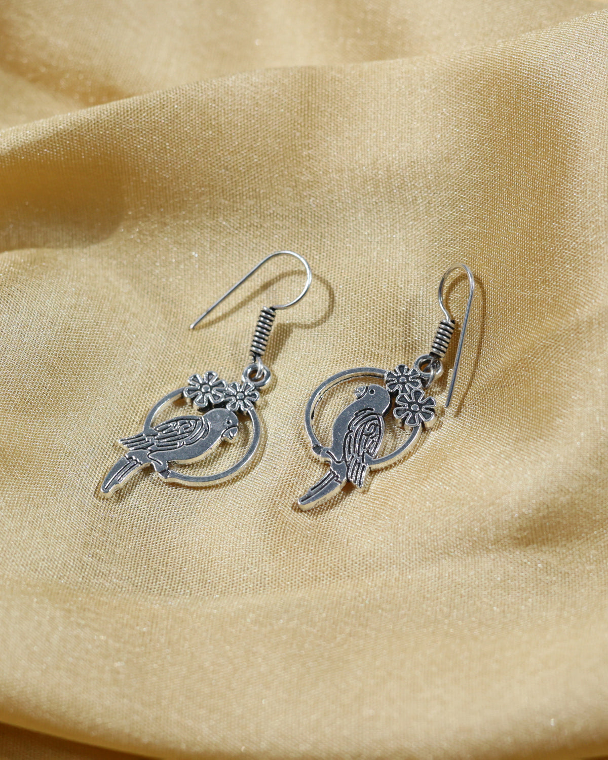 Oxidised Silver Bird Floral Drop Earrings