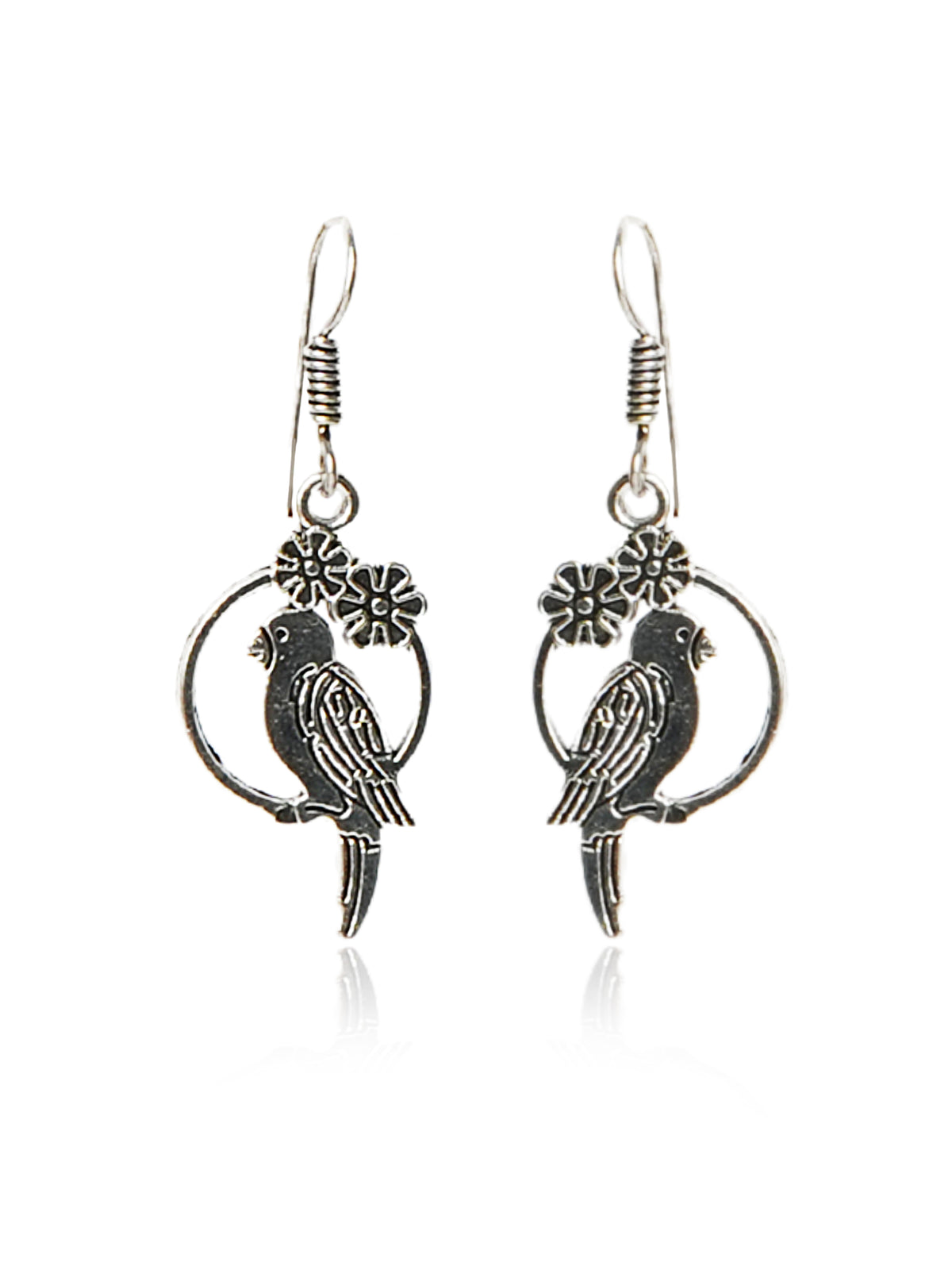 Oxidised Silver Bird Floral Drop Earrings