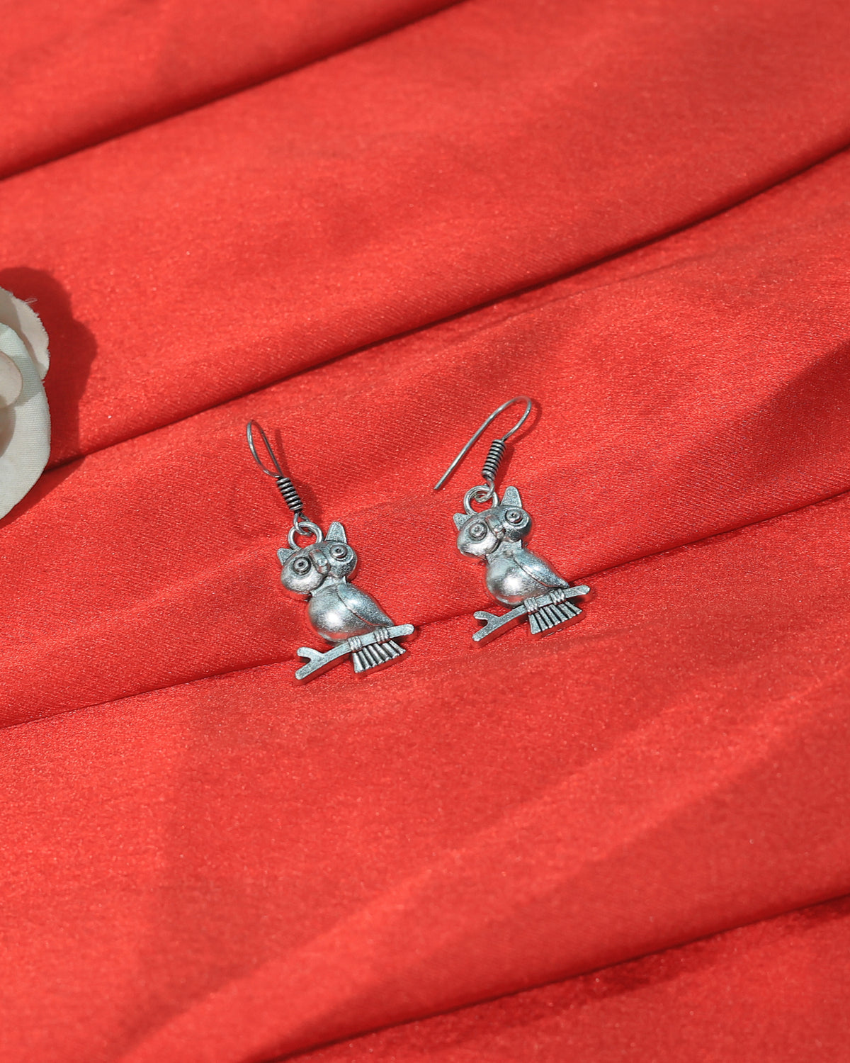 Oxidised Owl on Branch Drop Earrings