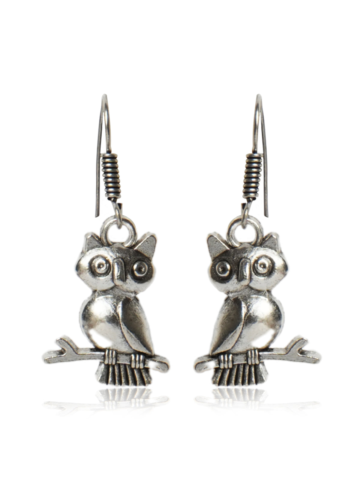 Oxidised Owl on Branch Drop Earrings