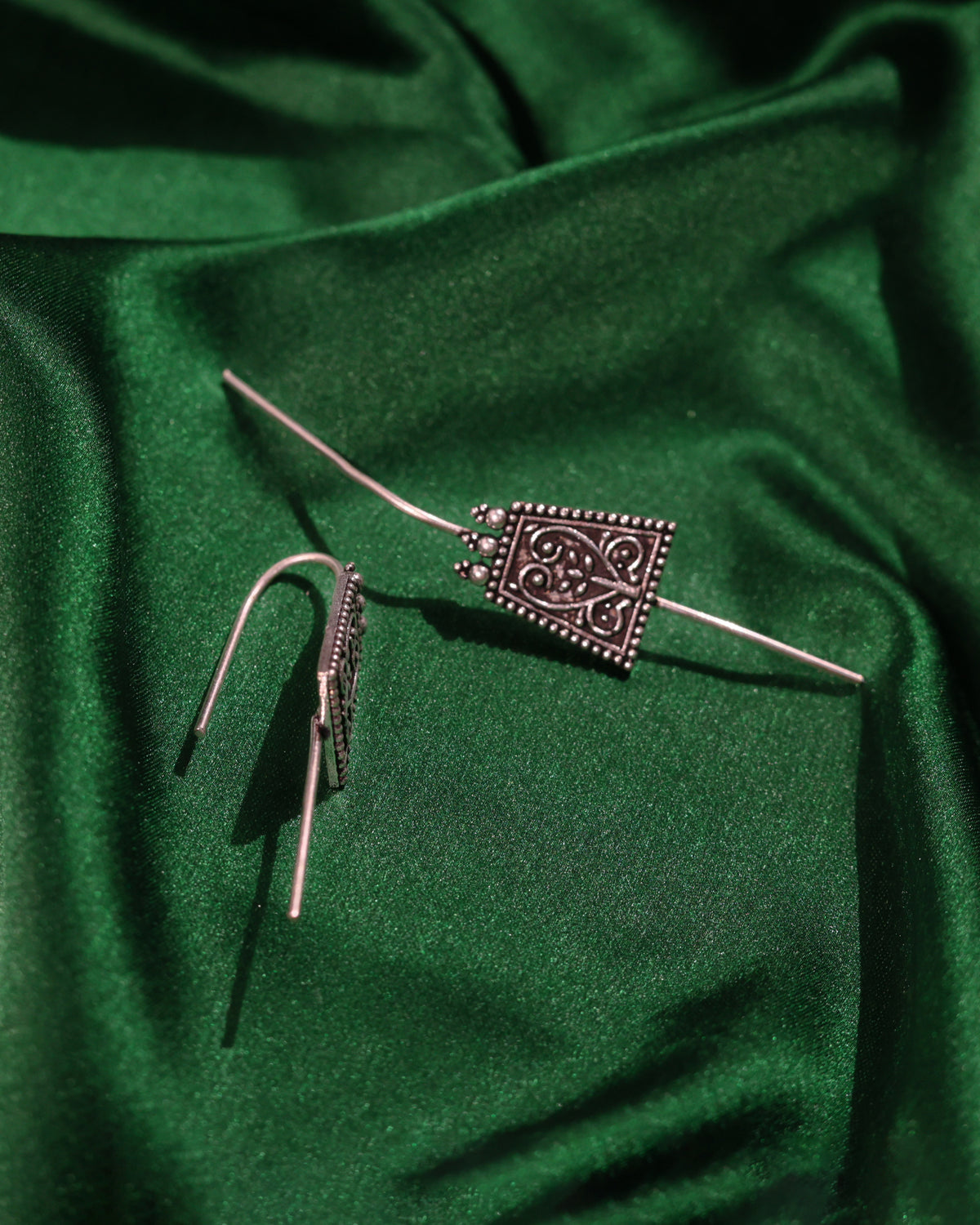 Oxidised Floral Motif Thread Earrings