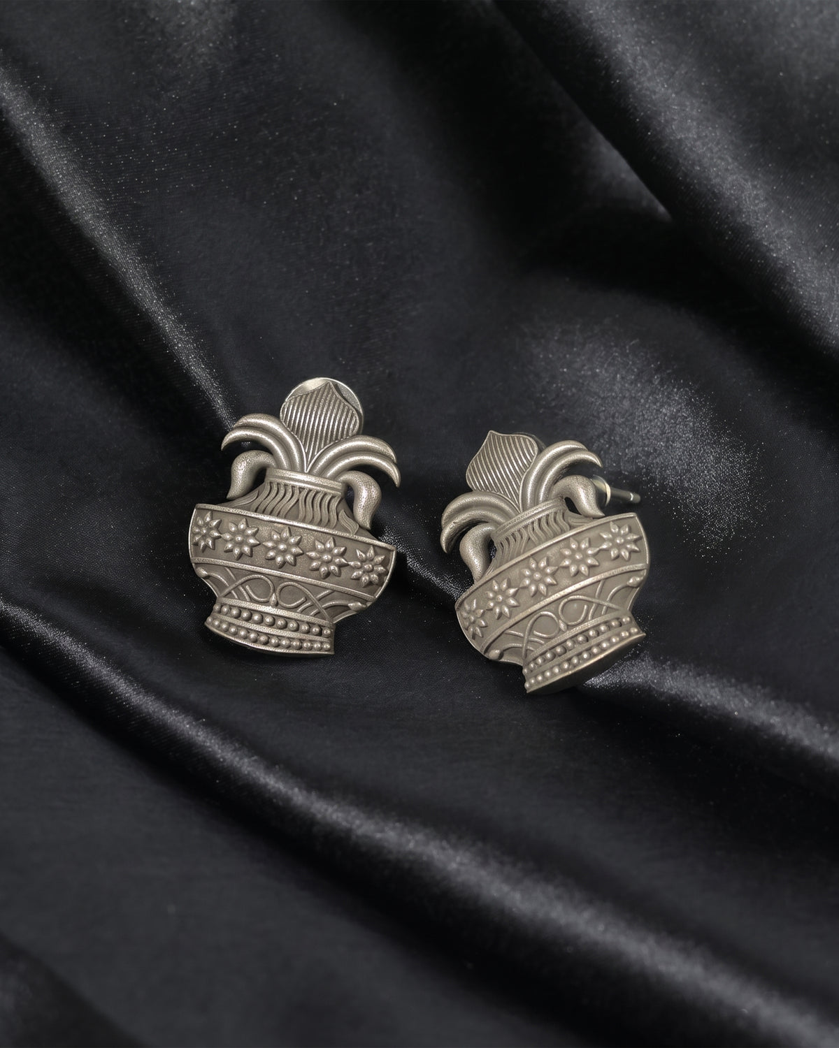 Oxidised Silver Floral Temple Stud Earrings