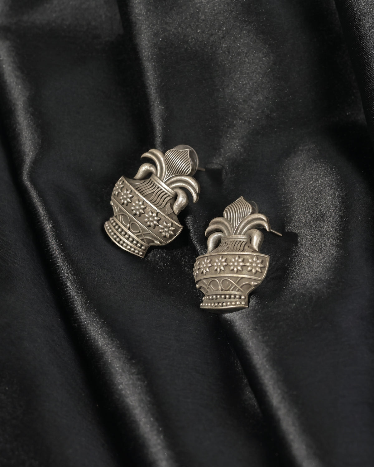 Oxidised Silver Floral Temple Stud Earrings
