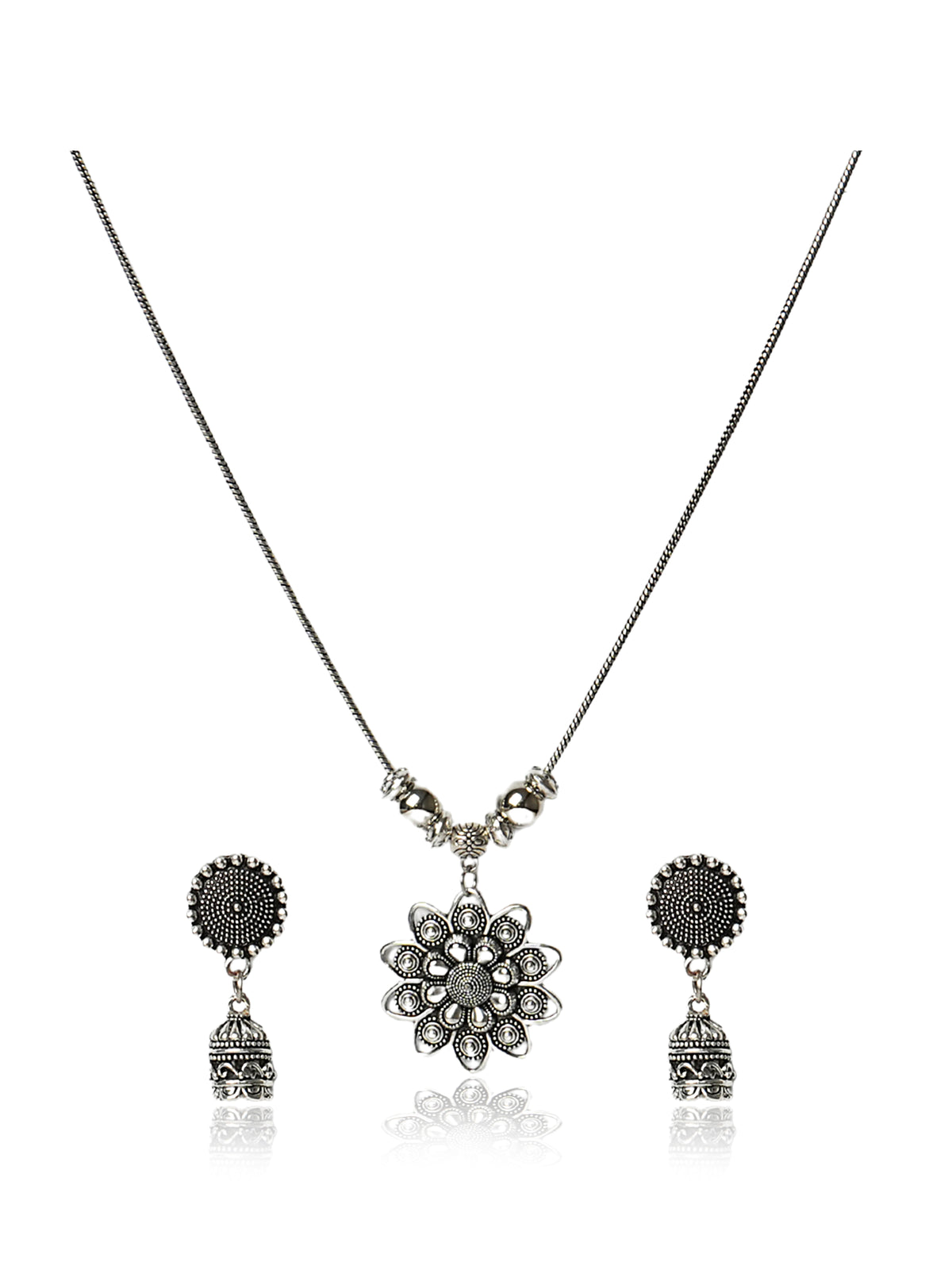 Oxidized Silver Floral Pendant Necklace & Earring Set