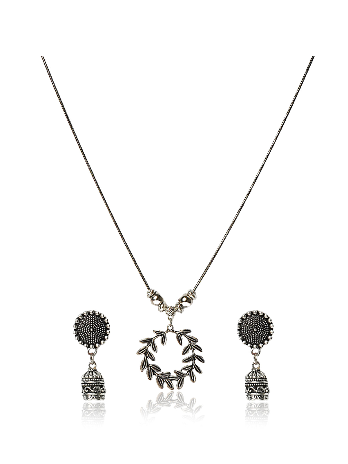 Oxidized Silver Leaf Wreath Necklace & Earring Set