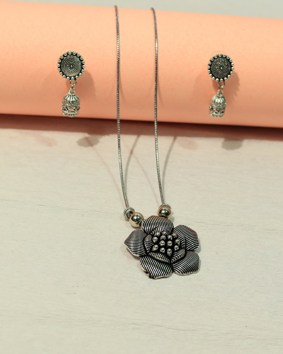 Oxidized Silver Textured Floral Necklace & Earring Set