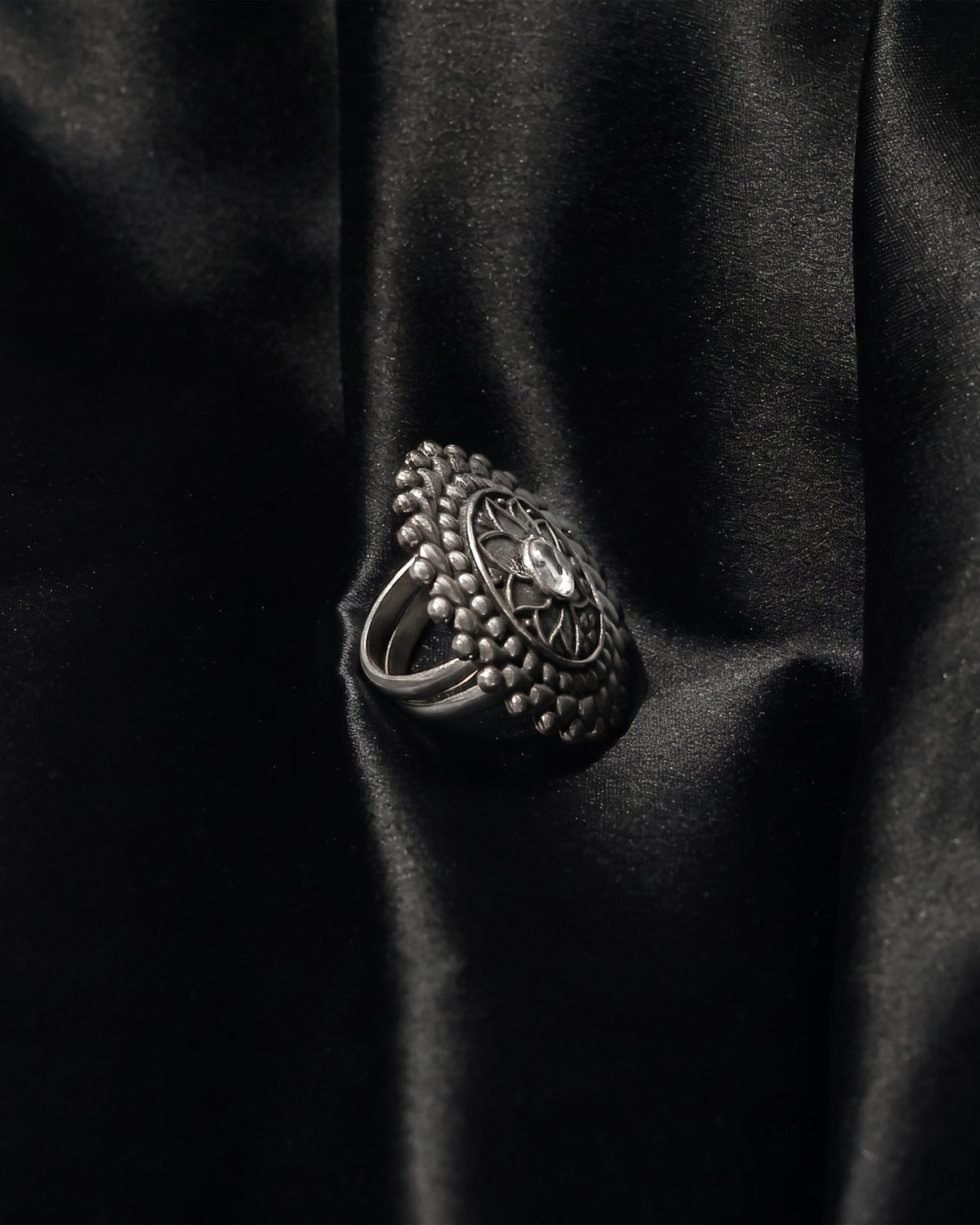 Lotus Mandala Oxidised Statement Ring