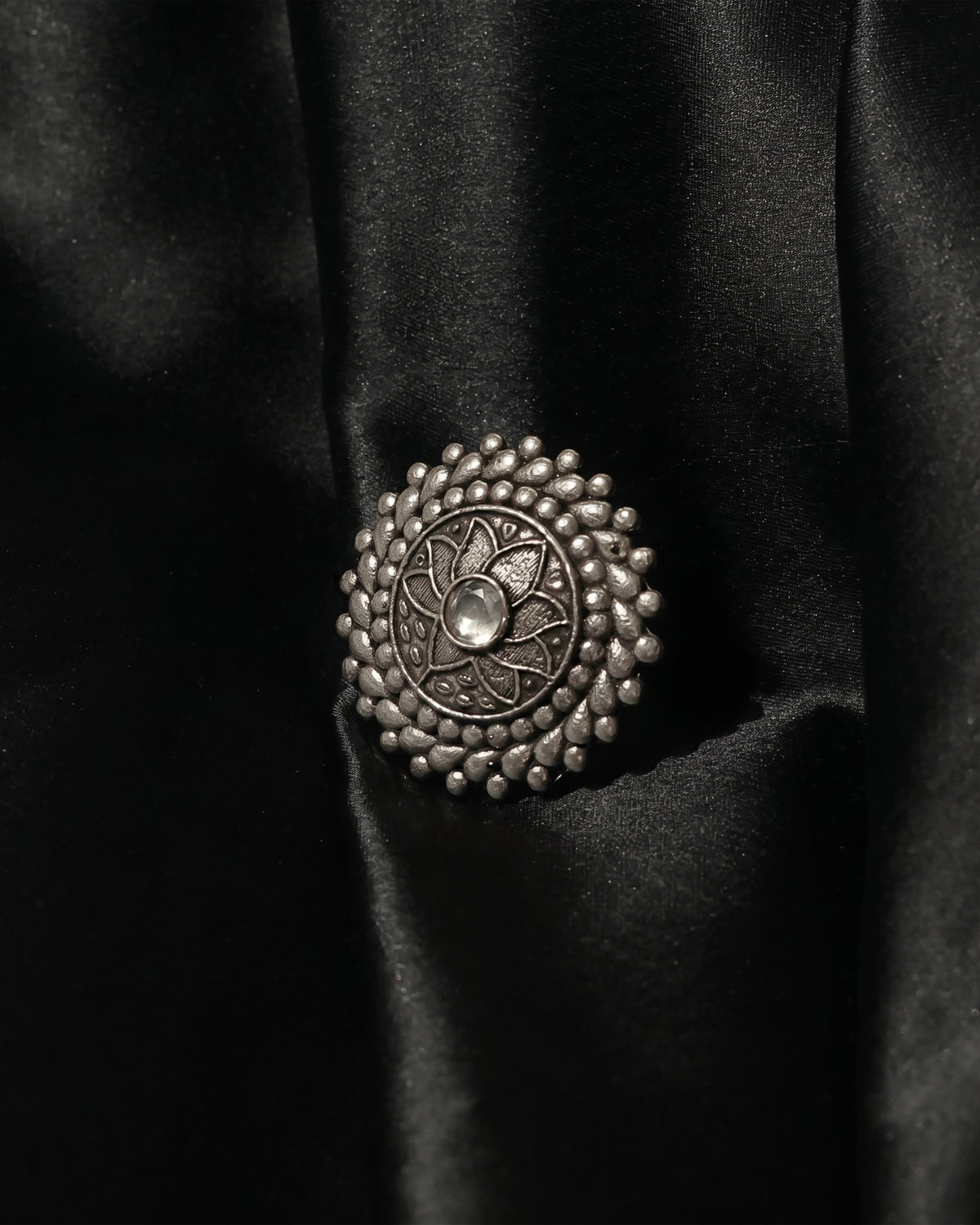 Lotus Mandala Oxidised Statement Ring