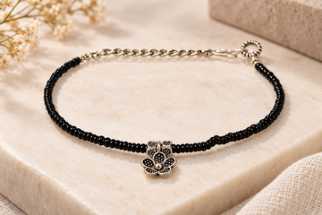 Black Beaded Silver-Tone Charm Anklet