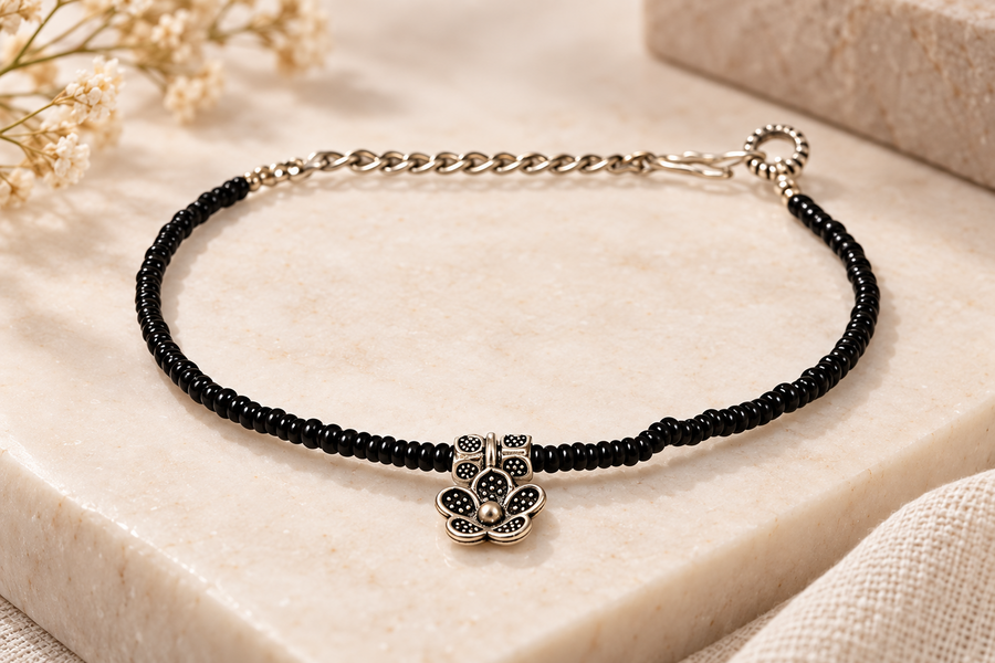 Black beaded silver-tone charm anklet product image 1