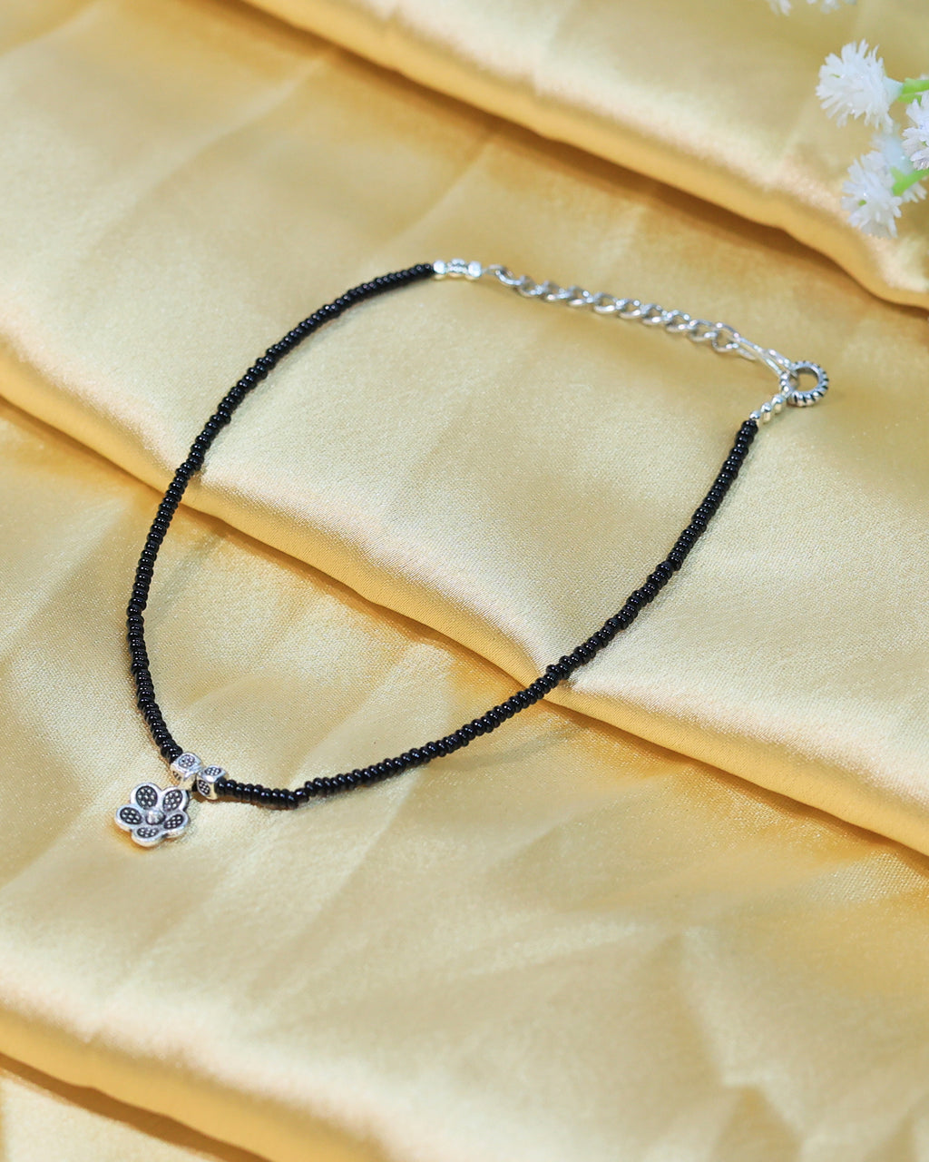 Black Beaded Silver-Tone Charm Anklet