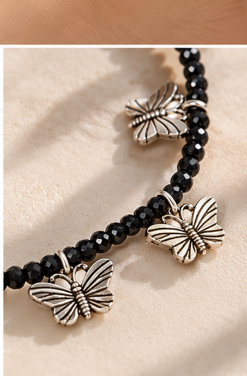 Black Butterfly Charm Bead-Style Anklet