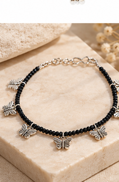 Black Butterfly Charm Bead-Style Anklet