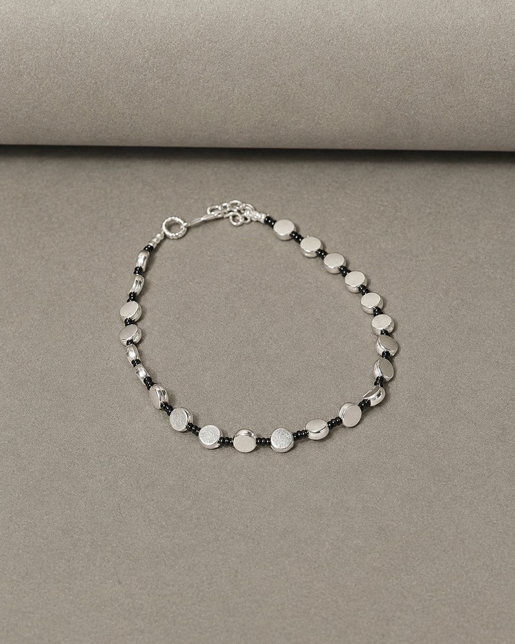 Black Beaded Silver-Tone Disc Anklet