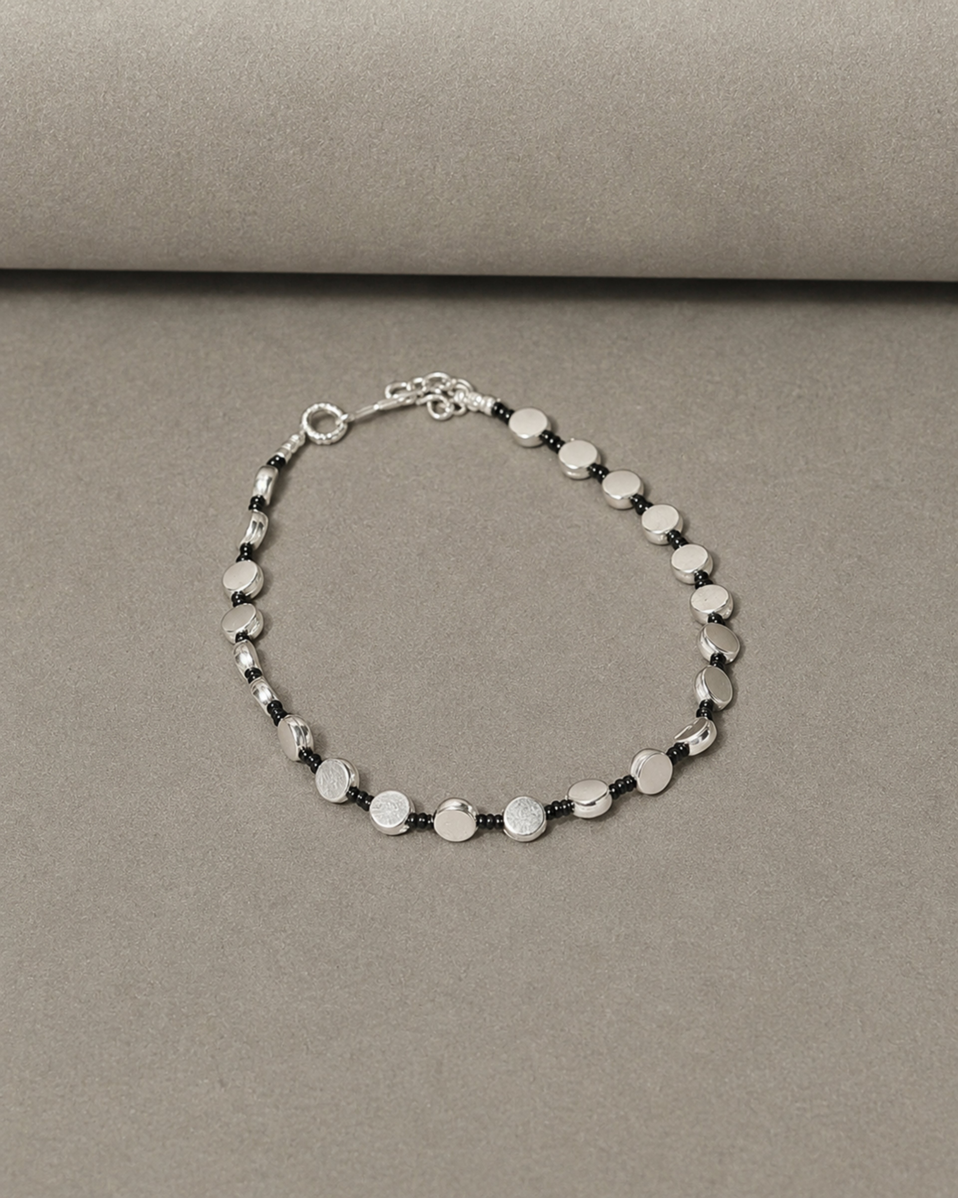 Black Beaded Silver-Tone Disc Anklet