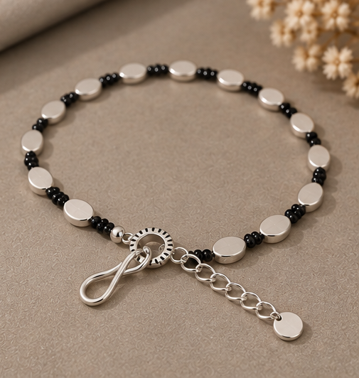 Black beaded silver-tone disc anklet product image 1