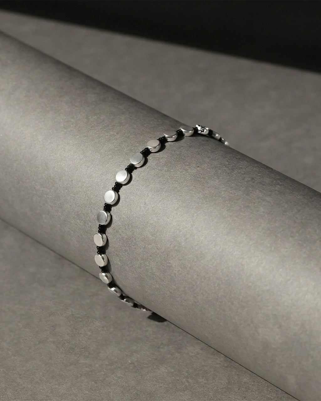 Black Beaded Silver-Tone Disc Anklet