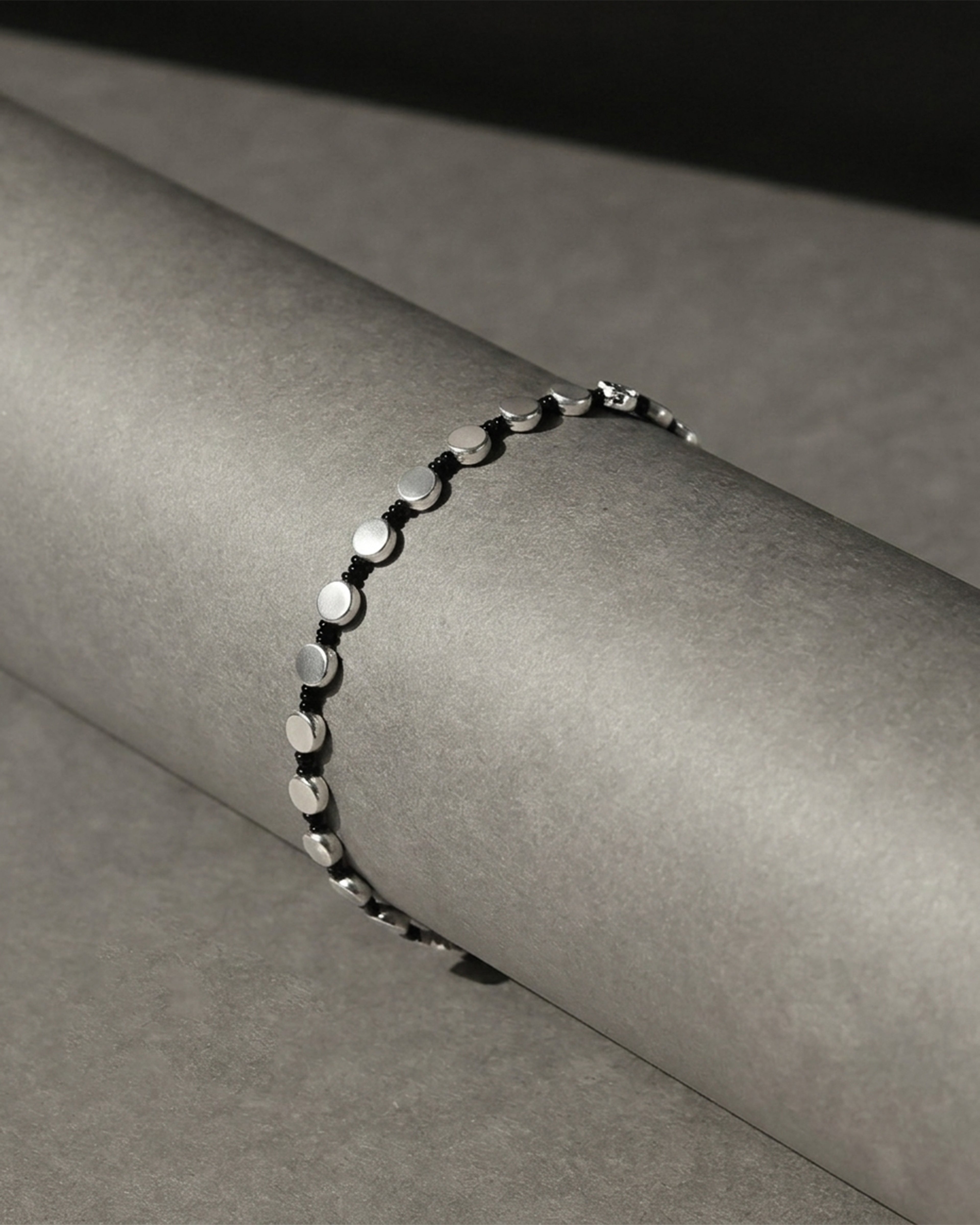 Black Beaded Silver-Tone Disc Anklet