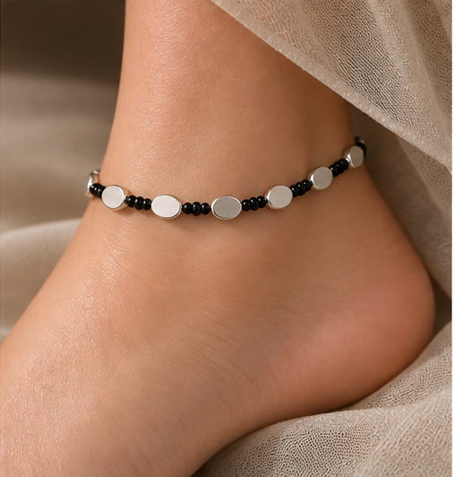 Black Beaded Silver-Tone Disc Anklet