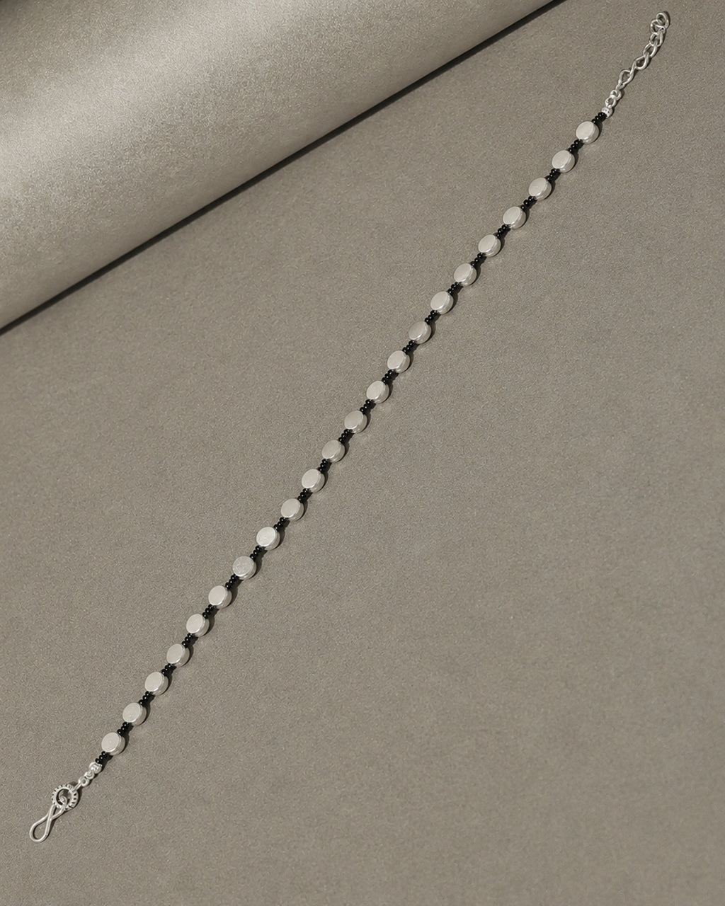 Black Beaded Silver-Tone Disc Anklet