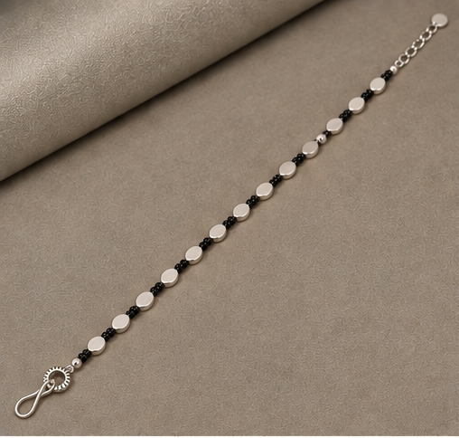 Black Beaded Silver-Tone Disc Anklet