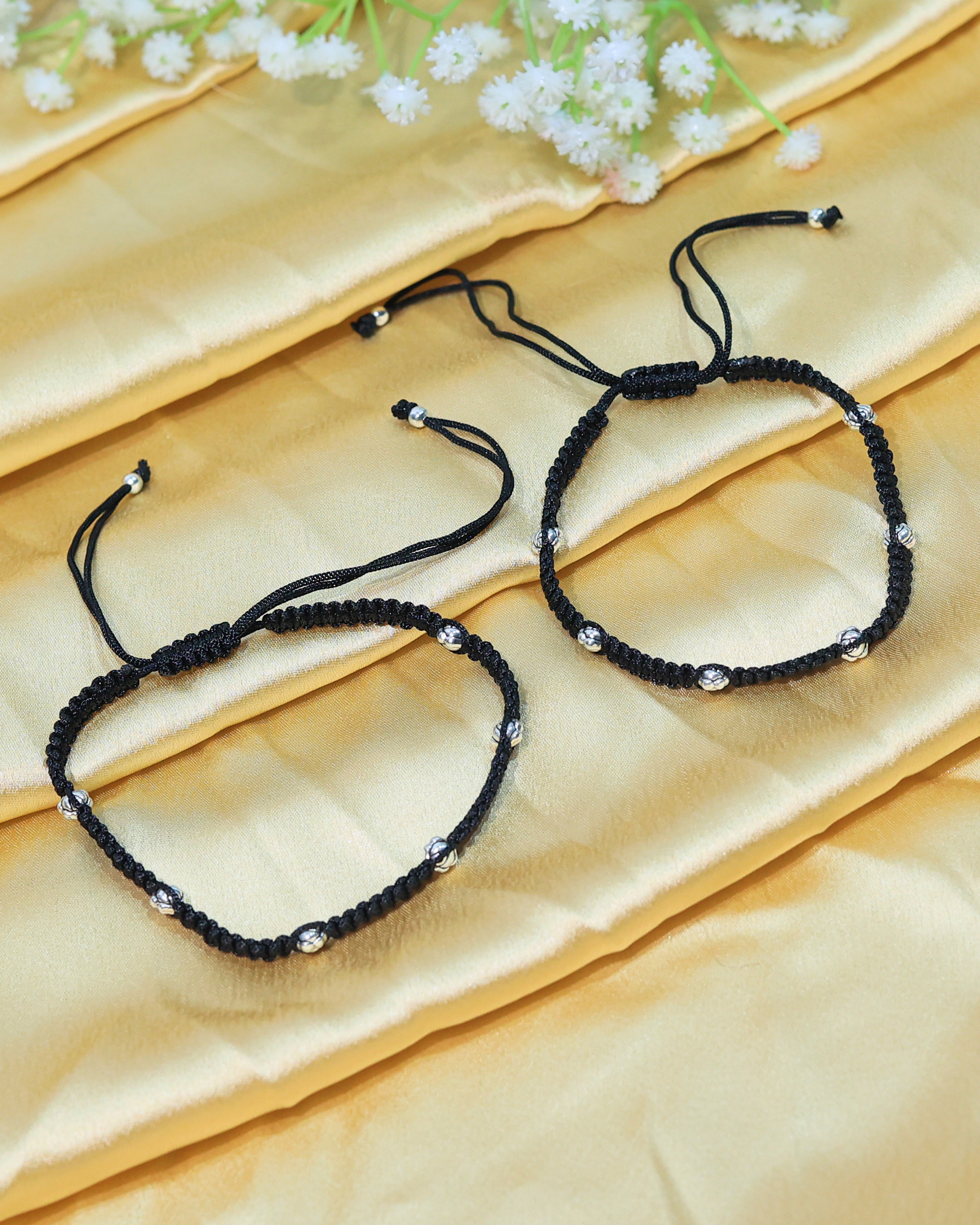 Black Braided Silver-Accent Anklet Pair