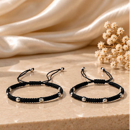 Black Braided Silver-Accent Anklet Pair
