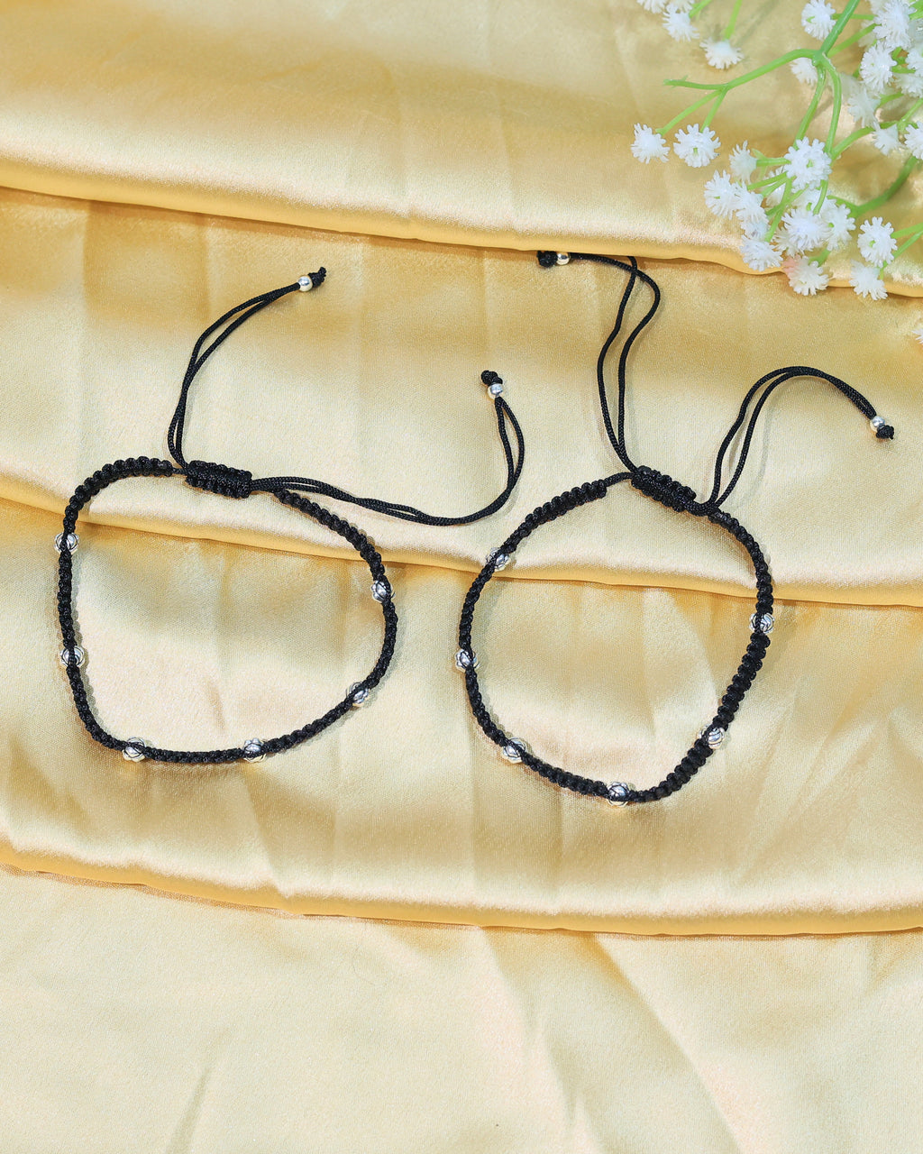 Black Braided Silver-Accent Anklet Pair