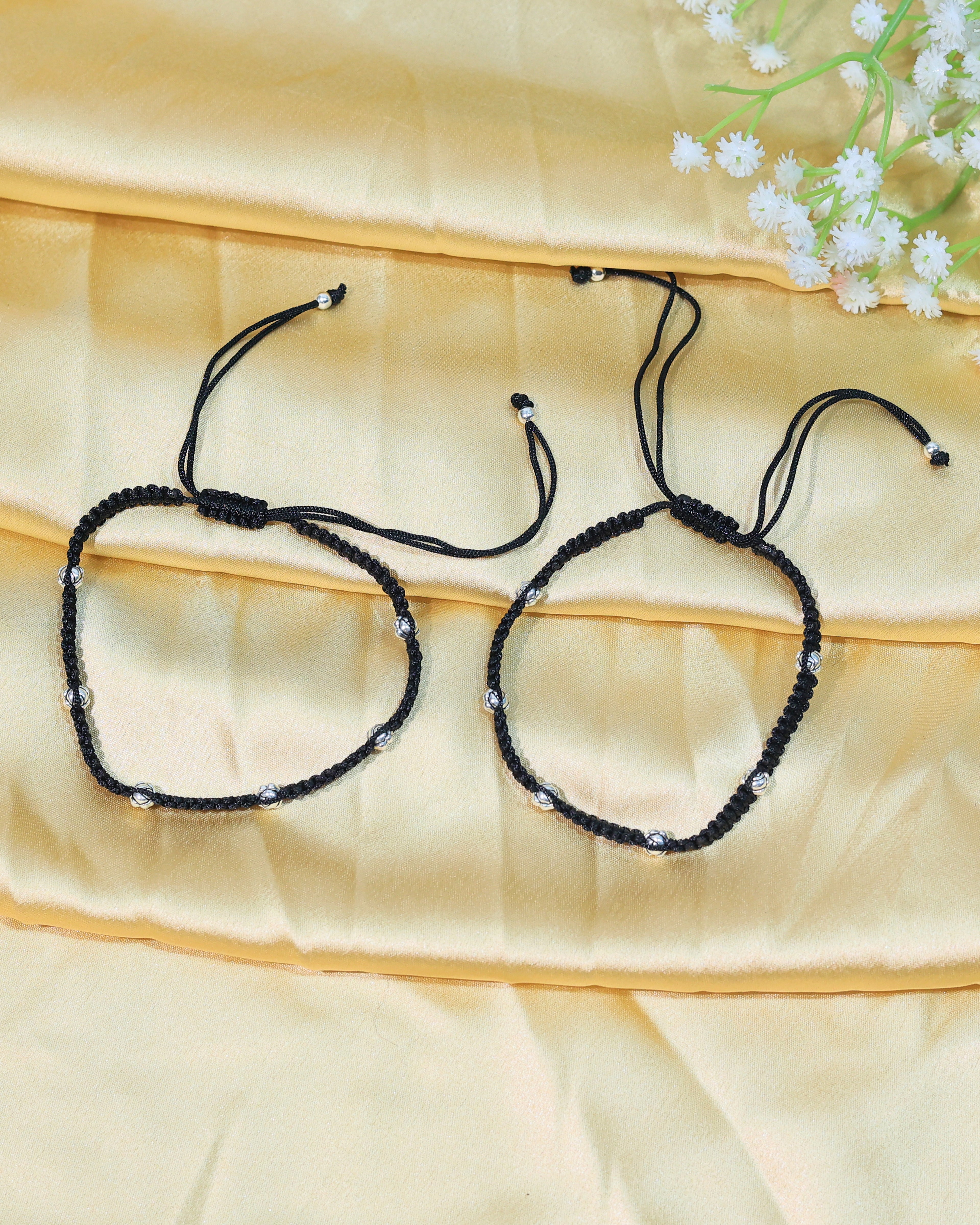 Black Braided Silver-Accent Anklet Pair