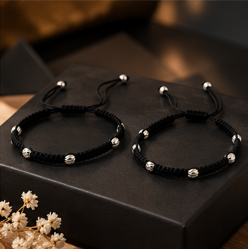 Black braided silver-accent anklet pair product image 2