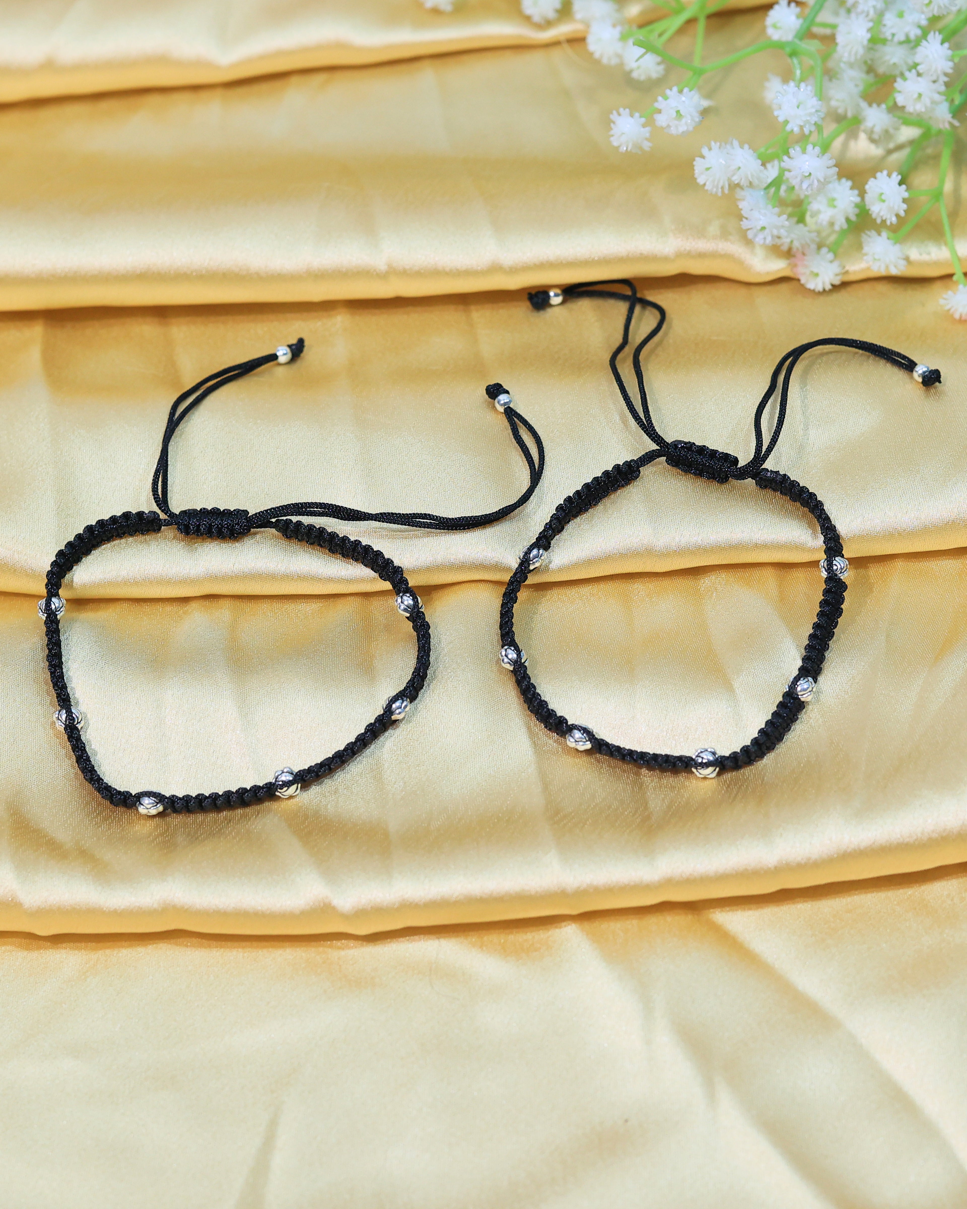 Black Braided Silver-Accent Anklet Pair