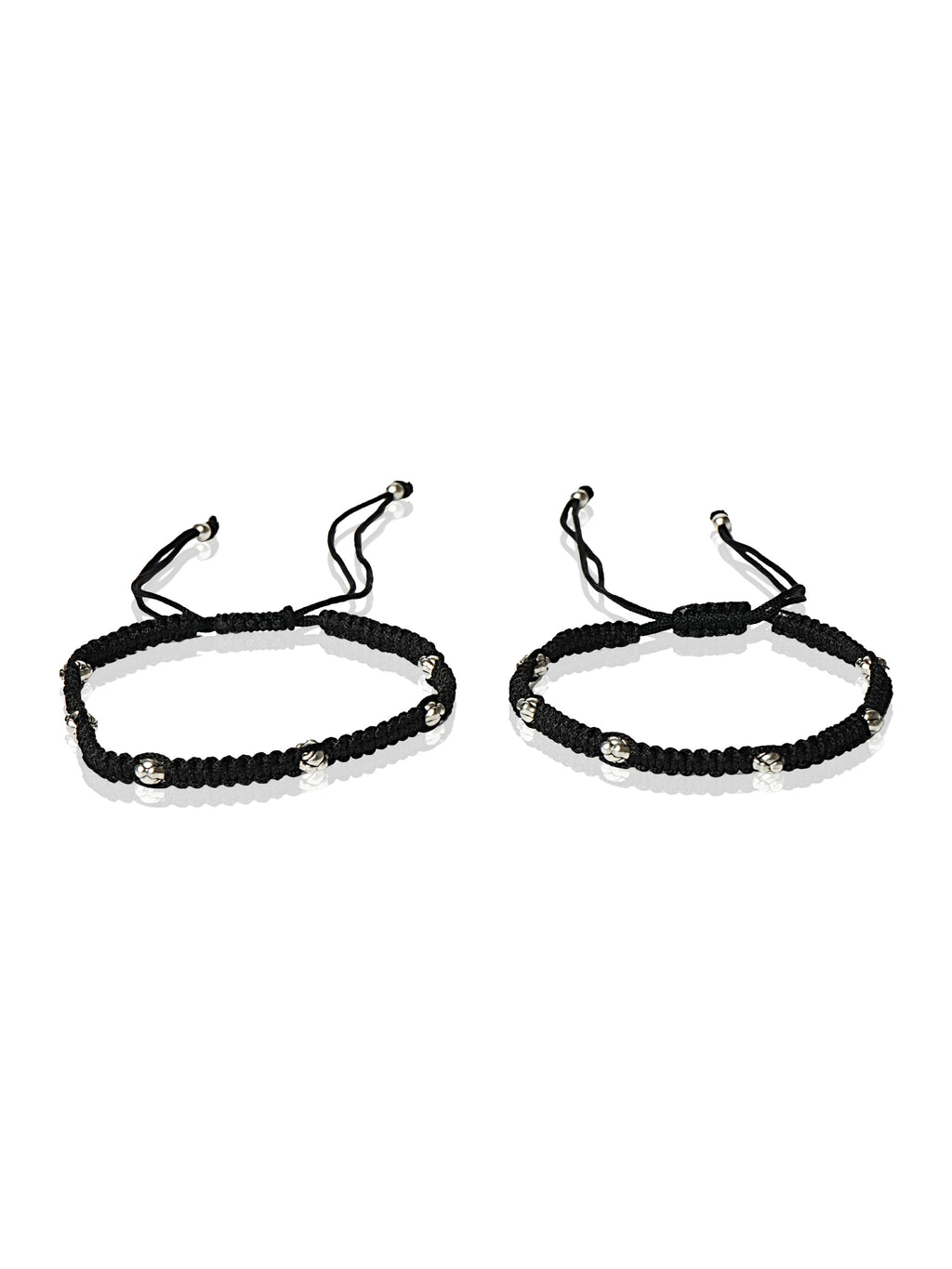 Black braided silver-accent anklet pair