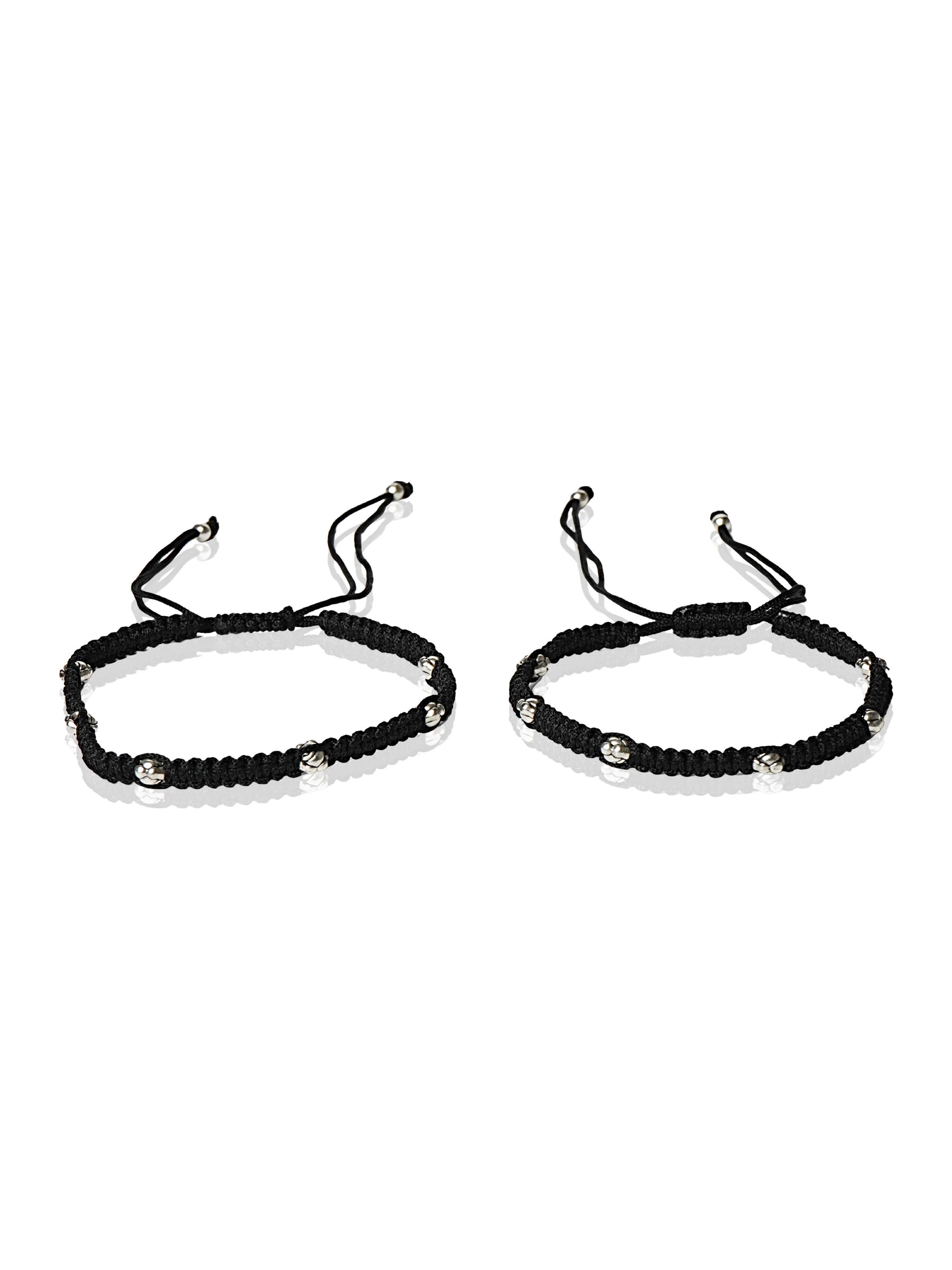 Black braided silver-accent anklet pair