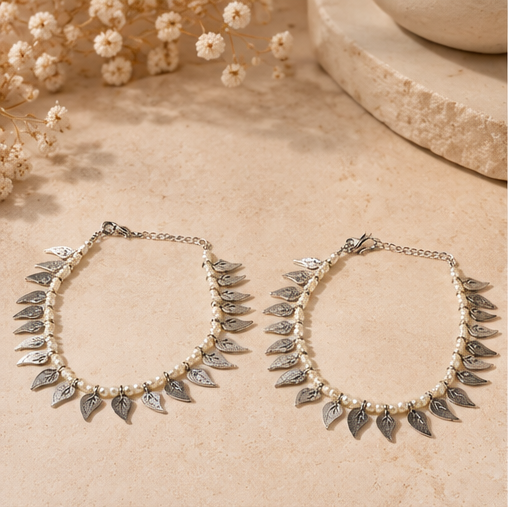 Pearl leaf charm silver-tone anklet pair