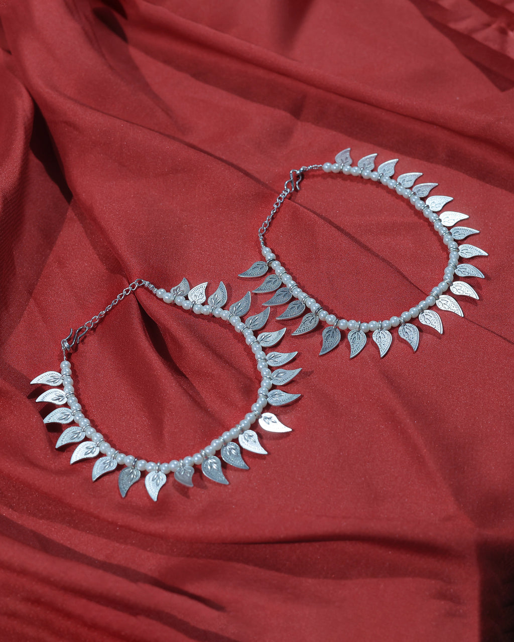 Pearl Leaf Charm Silver-Tone Anklet Pair