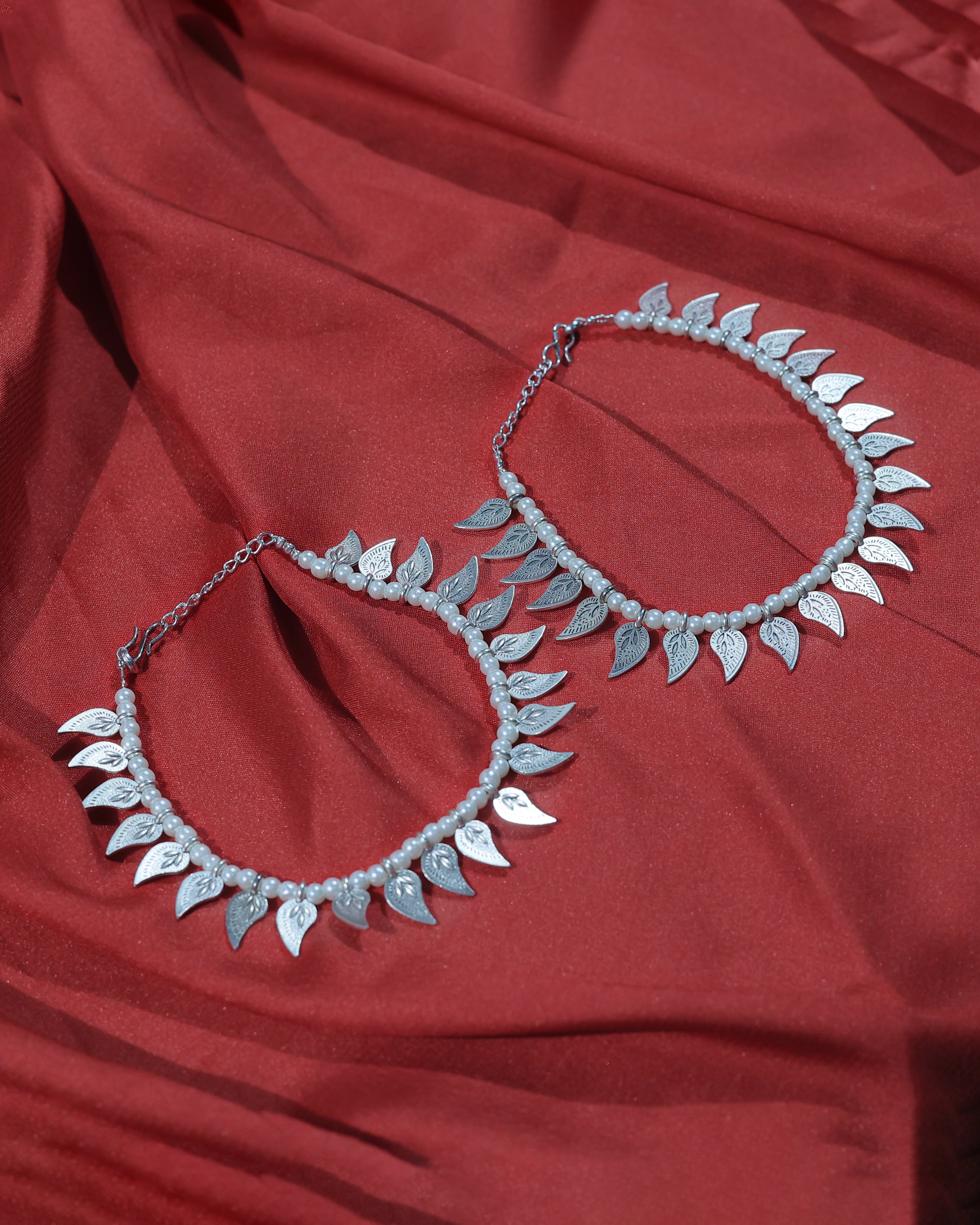 Pearl Leaf Charm Silver-Tone Anklet Pair