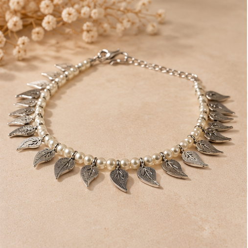 Pearl Leaf Charm Silver-Tone Anklet Pair