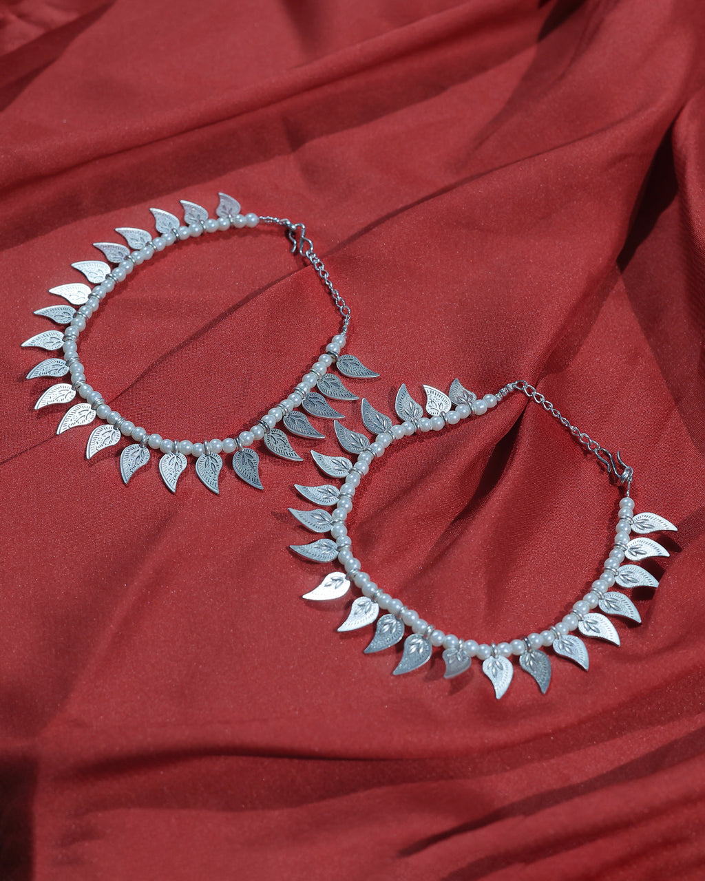 Pearl Leaf Charm Silver-Tone Anklet Pair