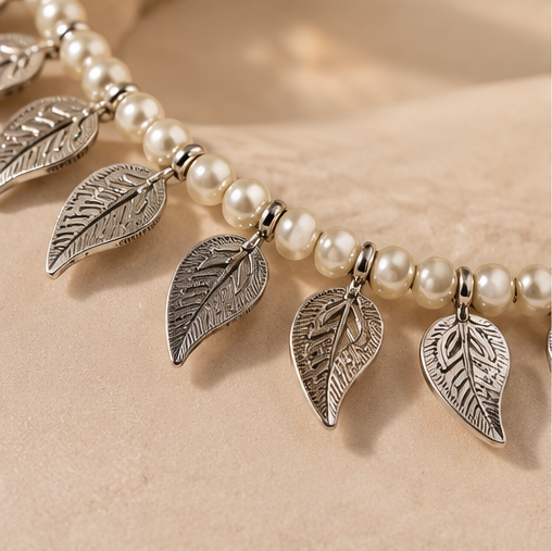 Pearl Leaf Charm Silver-Tone Anklet Pair